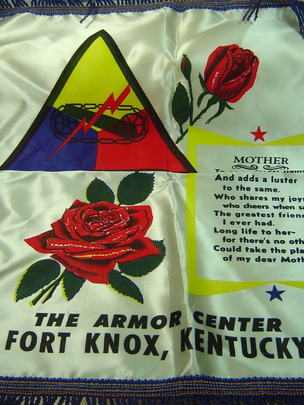 Vintage "Mother" souvenir pillow cover-Armor Center, Fort Knox, KY-17" square